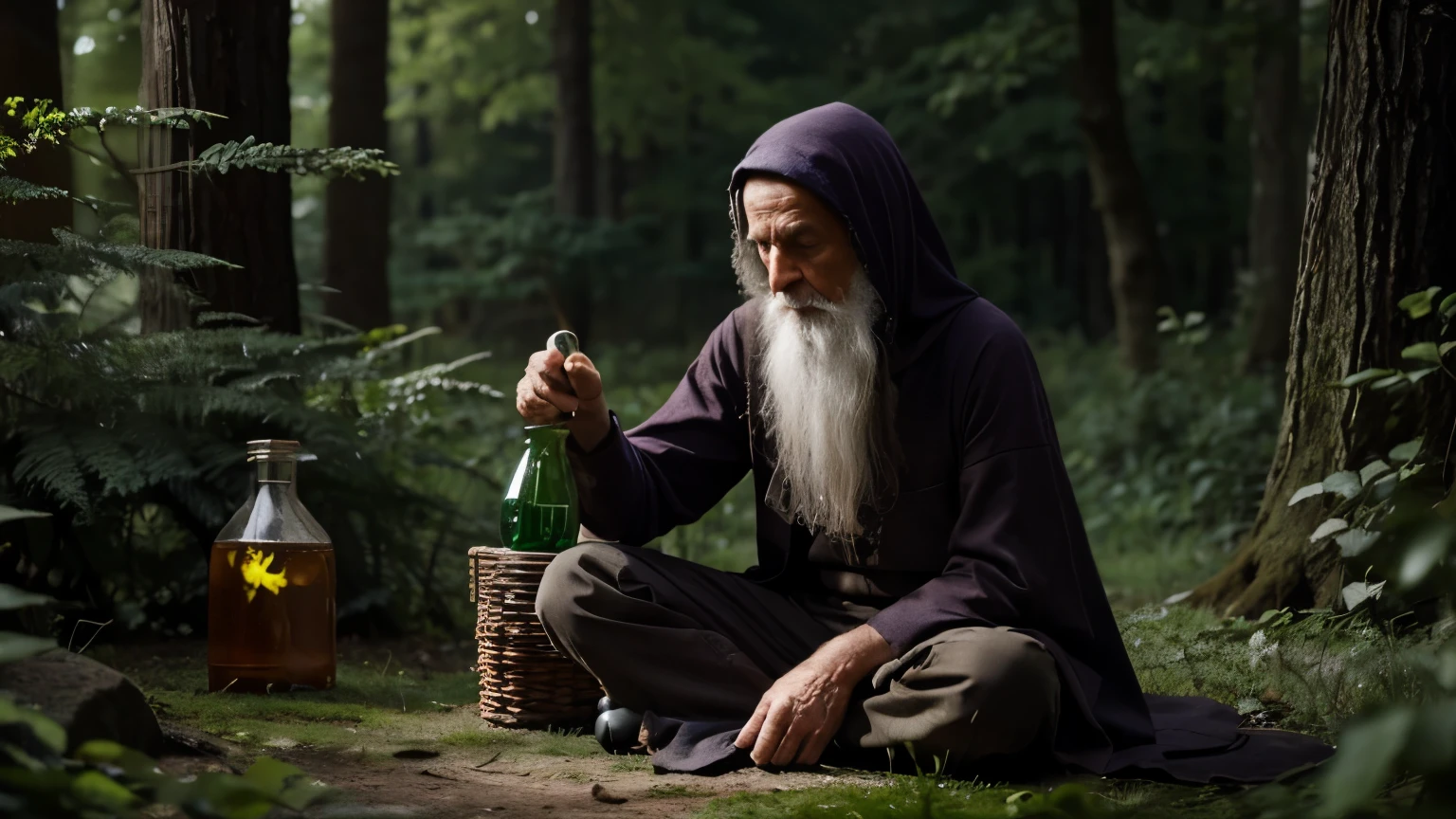 old wizard in the forest preparing potions 