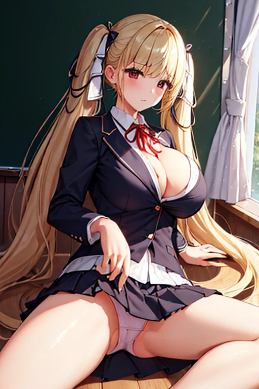 (((Spread your legs、Flashy underwear))、(((Accentuate your breasts)))、Highest quality, 8k, masterpiece :1.3)), whole body, Sharp focus :One Girl,Glowing Skin,SSexy pose,Highest quality,Tabletop,shape,Very delicate and beautiful,Hmph,8k壁紙,wonderful,In detail,Official Art,Very detailedなティッカーUnity 8k壁紙,Incredibly ridiculous,Large file size,Very detailedな,High resolution,Very detailed,Beautiful detailed,Realistic,X-ray,The queue is full,(((Uniform Blazer、mini skirt)))、(((Big Breasts、blonde)))、(((School、classroom)))、Stand upright、Cleavage , ((Long golden hair))、Uniform Blazer、Sexy pose、Hairstyle:Twin tails、both hands、mini skirt