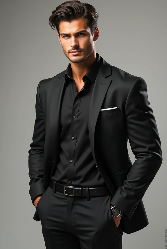 A full-body image of a strikingly handsome young man with a strong jawline and intense, confident expression. He has a well-defined physique and is dressed in a fitted, stylish outfit that accentuates his features. His face shows a mix of charm and allure, with expressive eyes and a subtle, engaging smile. The background is simple and neutral to keep the focus on his compelling appearance and confident posture