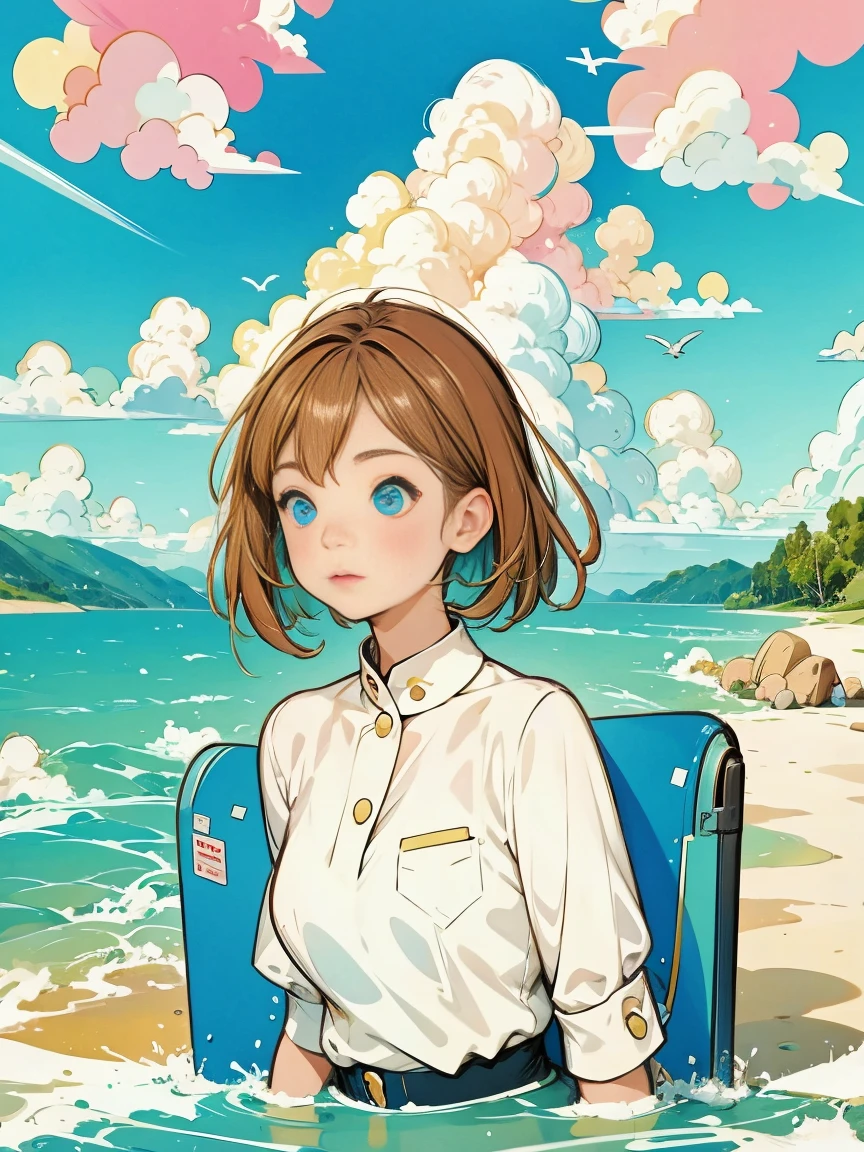A brown-haired, blue-eyed girl is looking for things. sky Binoculars search