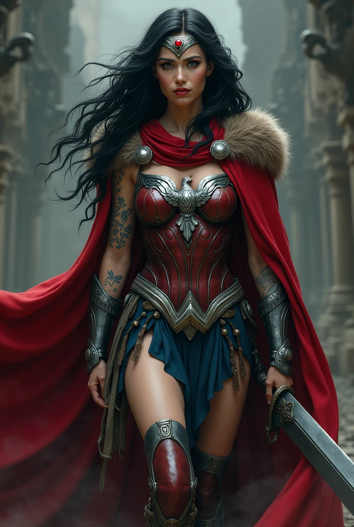 (((A beautiful woman with long, black, unruly hair under the cloak of the Amazon warrior Wonder Woman(((Falda en ovejero sobre Black legis))),(((Red corset with a wide silver metal eagle covering her breasts as an emblem))),(((Dark silver metal bracelets))),(((Red sheepskin boots long up to his knees with sheepskin on the edge)),(((Sheepskin on his shoulders))),(((Tattoos on one of her arms and a wide silver metal headband with a red star ruby on her forehead)))Giant Viking style sword in his hand))),(((Wonder Woman Vikingo))),(((Black legis)))
