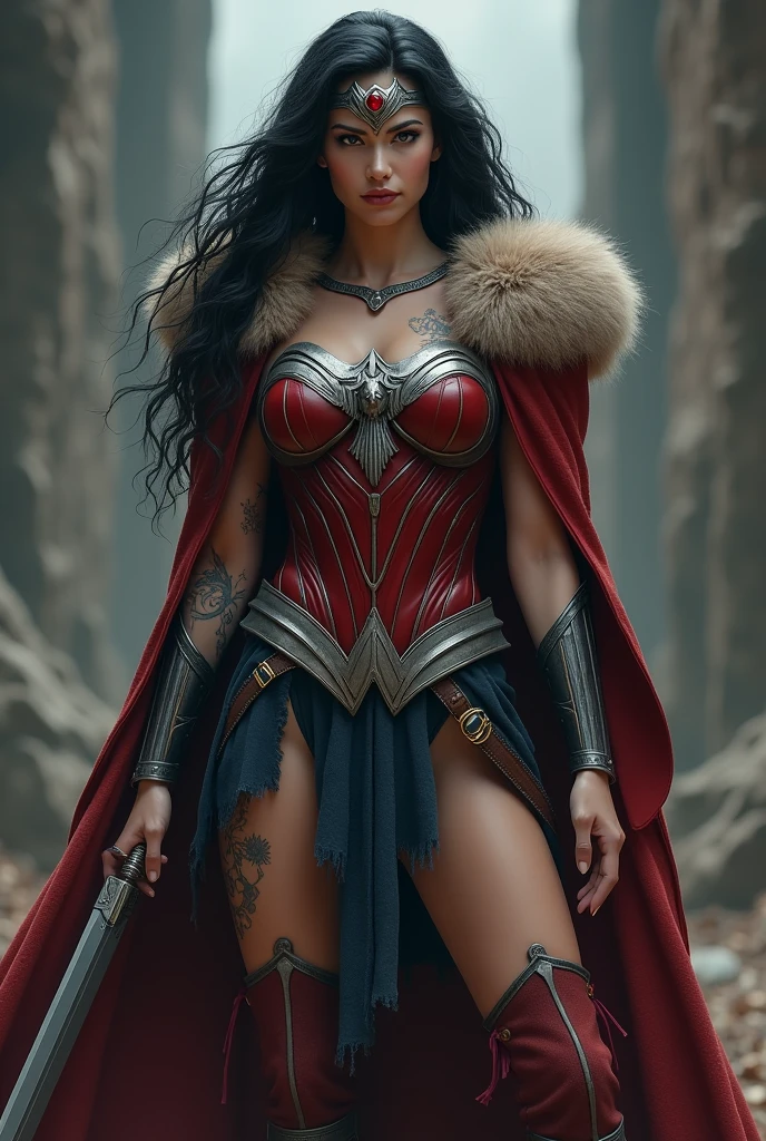 (((A beautiful woman with long, black, unruly hair under the cloak of the Amazon warrior Wonder Woman(((Falda en ovejero sobre Black legis))),(((Red corset with a wide silver metal eagle covering her breasts as an emblem))),(((Dark silver metal bracelets))),(((Red sheepskin boots long up to his knees with sheepskin on the edge)),(((Sheepskin on his shoulders))),(((Tattoos on one of her arms and a wide silver metal headband with a red star ruby on her forehead)))Giant Viking style sword in his hand))),(((Wonder Woman Vikingo))),(((Black legis)))
