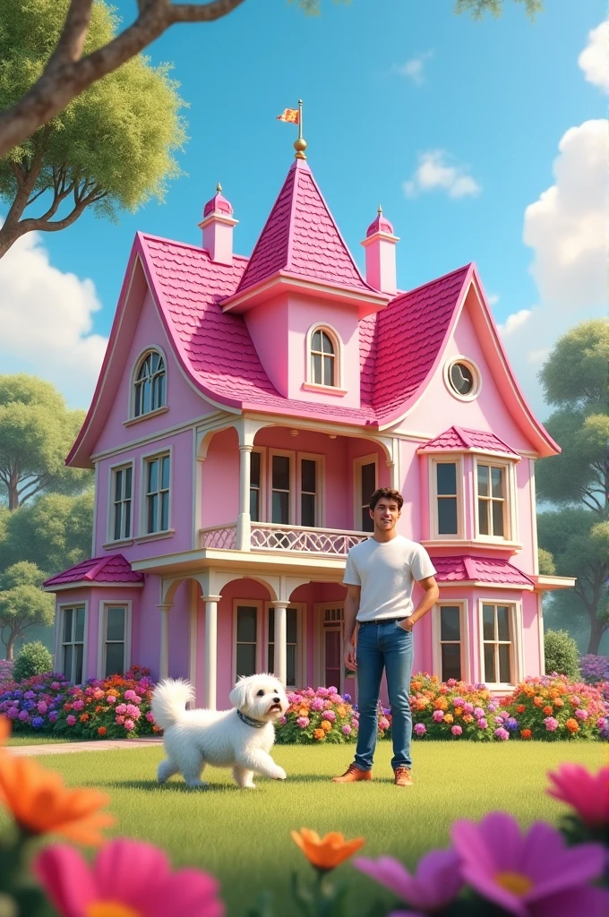 A picture of Barbie's dreamhouse with Ken and Taffy in the front yard, surrounded by flowers and a bright blue sky.