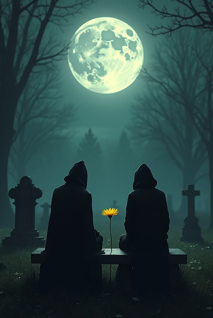 Two shadows sitting on a bench watching a yellow flower in the middle of a cemetery, at night with the full moon in the background