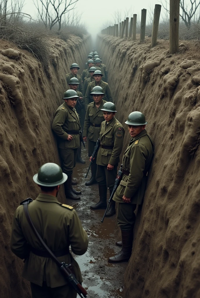 Hello, Please create a picture of World War I. realist. In the trenches.