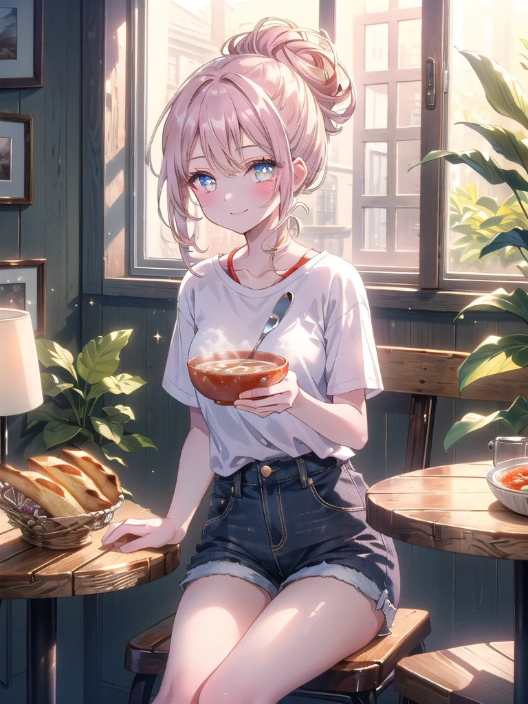 ((8k, Highest quality, masterpiece: 1.3)),Ultra-high resolution,(1 girl, alone), (Color changing eyes, Ultra-detailed, Expressive brilliance, Glitter, Glowing Eyes), Highly detailed eyes, Highly detailed face, Random Hair, ((pastel colour) The woman is seated at a small, sunlit table in a cozy, corner café. A bowl of creamy tomato soup with a single slice of garlic bread is placed in front of her. She’s dressed in a casual striped t-shirt and high-waisted shorts, her hair tied up in a loose bun. The café has a warm, rustic interior with wooden furniture and plants on every windowsill. She looks at the camera with a soft, content smile, her eyes slightly squinting in the afternoon sun, as she shares a peaceful moment with her boyfriend, her hand resting lightly on the table.