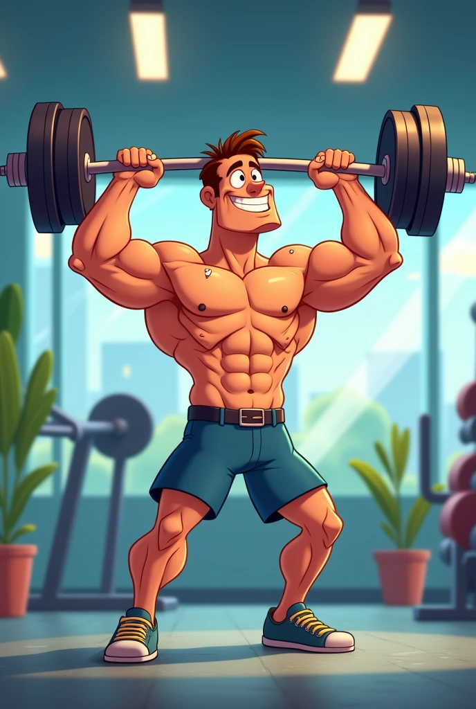 cartoon man in gym lifting weights