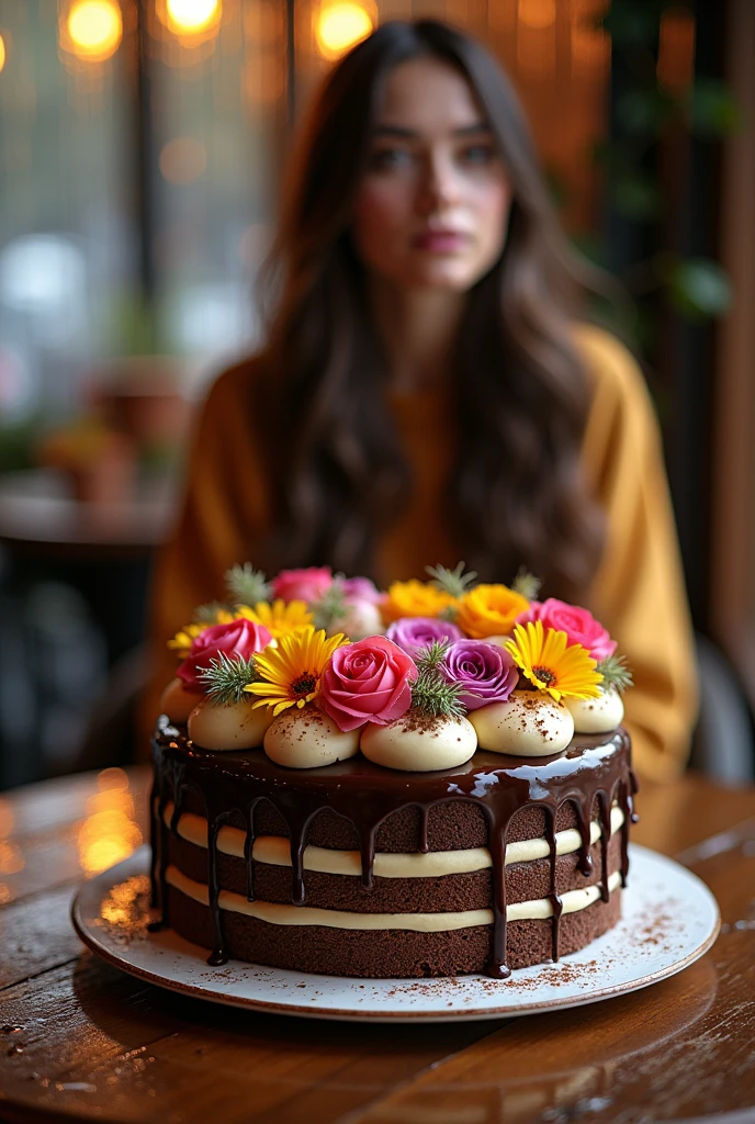 {Ultra-realistic chocolate cake with layers of rich chocolate and vanilla, topped with a variety of colorful edible flowers and dripping with glossy chocolate ganache, all set on a rustic wooden plate. The cake is placed near a window with raindrops streaking down the glass, creating a cozy, rainy day ambiance. In the background, the same beautiful woman from the previous reference, with long, wavy hair and dressed in warm-toned clothing, is seated at a rustic wooden table. She is slightly blurred due to the photo effect, drawing focus to the intricately detailed cake while maintaining the warm, inviting atmosphere. Ultra-realistic 4K rendering, close-up shot, {cozy rainy day café ambiance}, Canon EOS R5, f/1.2, ISO 100, soft bokeh effect to emphasize the cake and the warm, detailed background.}
