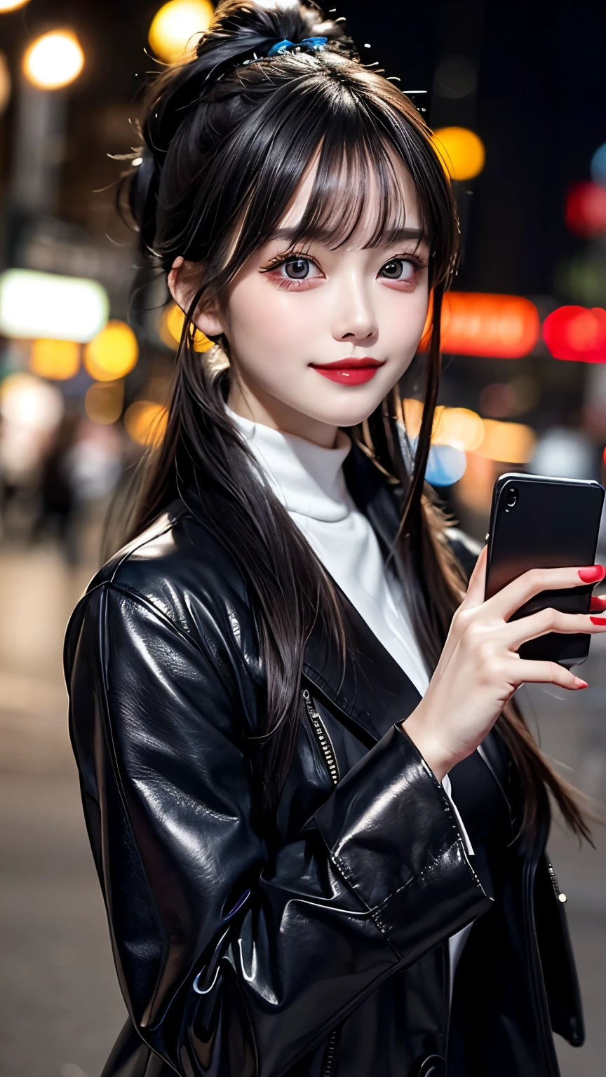 (masterpiece, best quality:1.3), highly detailed, (blurry foreground), 1girl, black hair, high ponytail, long hair, (bangs), (deep ocean eyes), (smiley), pretty lipsticks, (holding smartphone:1.2), looking at the phone, black leather long coat, late night street background, soft focus, ((bokeh)), absurdres