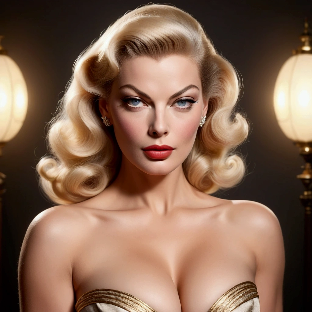 HYBRID FACE BETWEEN ANITA EKBERG AND AVA GARDNER , BUST IMAGE STYLE, STUDIO IMAGE STYLE, DIFFUSED LIGHTS ON FACE, STRONG BACK LIGHTS, CLOSE FACE SHOT, LIGHT BLONDE HAIR, BUN HAIR STYLE, VERY VOLUMOUS, HUGE STRAIGHT HAIR, VERY LIGHT BLONDE HAIR, VERY PALE SKY, HIGH CHEEKBONES, ROSY CHEEKS, GORGEOUS LIPS, SOFT LIPSTICK, FREE COLLAR BODY REGION, VOLUMOUS BREASTS, STRAPLESS CLEAVAGE, ENIGMATIC FACE EXPRESSION, HIGH QUALITY IMAGE, MASTERPIECE, 8K