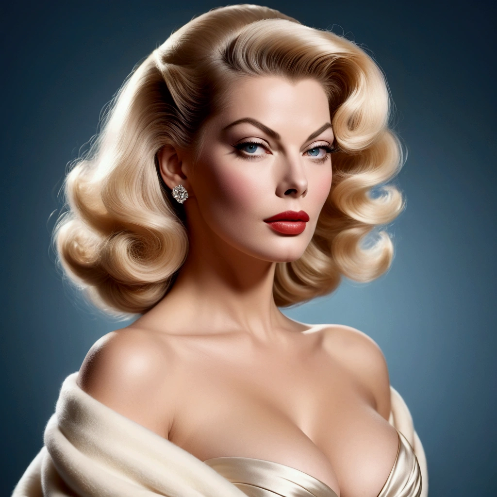HYBRID FACE BETWEEN ANITA EKBERG AND AVA GARDNER , BUST IMAGE STYLE, STUDIO IMAGE STYLE, DIFFUSED LIGHTS ON FACE, STRONG BACK LIGHTS, CLOSE FACE SHOT, LIGHT BLONDE HAIR, BUN HAIR STYLE, VERY VOLUMOUS, HUGE STRAIGHT HAIR, VERY LIGHT BLONDE HAIR, VERY PALE SKY, HIGH CHEEKBONES, ROSY CHEEKS, GORGEOUS LIPS, SOFT LIPSTICK, FREE COLLAR BODY REGION, VOLUMOUS BREASTS, STRAPLESS CLEAVAGE, ENIGMATIC FACE EXPRESSION, HIGH QUALITY IMAGE, MASTERPIECE, 8K