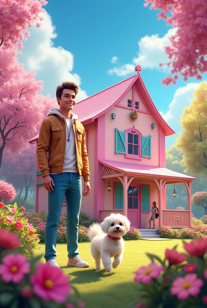 A picture of Barbie's dreamhouse with Ken and Taffy in the front yard, surrounded by flowers and a bright blue sky.