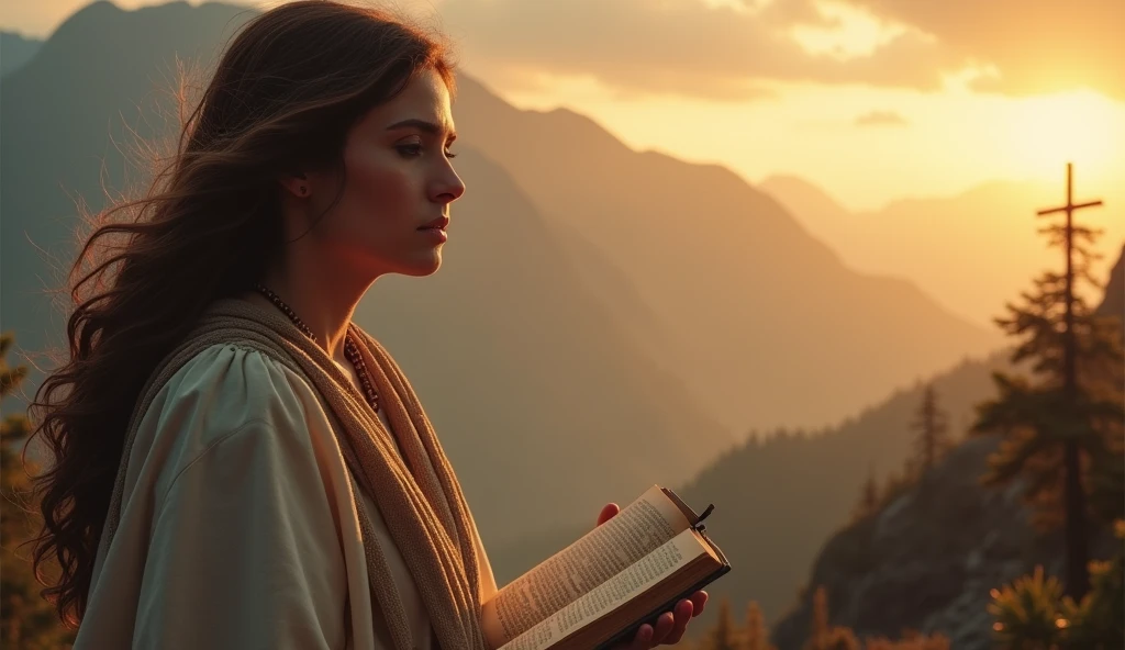 "Create an evocative scene that represents a rich and complex biblical narrative. The image should capture a moment of deep reflection and spirituality, where a central character, with expressions of suffering and hope, she is in a natural setting, like a mountain at dawn. Ao fundo, the sky must be tinged with warm colors, symbolizing the divine presence. Elements that represent faith, like a cross or an open holy book, can be subtly incorporated into the landscape. The character's expression must convey an internal dialogue with God, reflecting the universal themes of suffering, faith and the search for understanding."