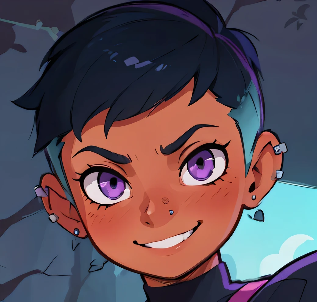 [riley_fairfeather], ((masterpiece)), ((High res)), ((HD)), ((solo portrait)), ((cute cartoon aesthetic)), ((detailed cel shading)), ((front view)), {(attractive athletic figure), (dark skin), (cute purple eyes), (short hair), (two-toned hair), (gradient hair), (cute grin)}, {(ear piercings)}, {(looking at viewer)}, [ambient lighting]