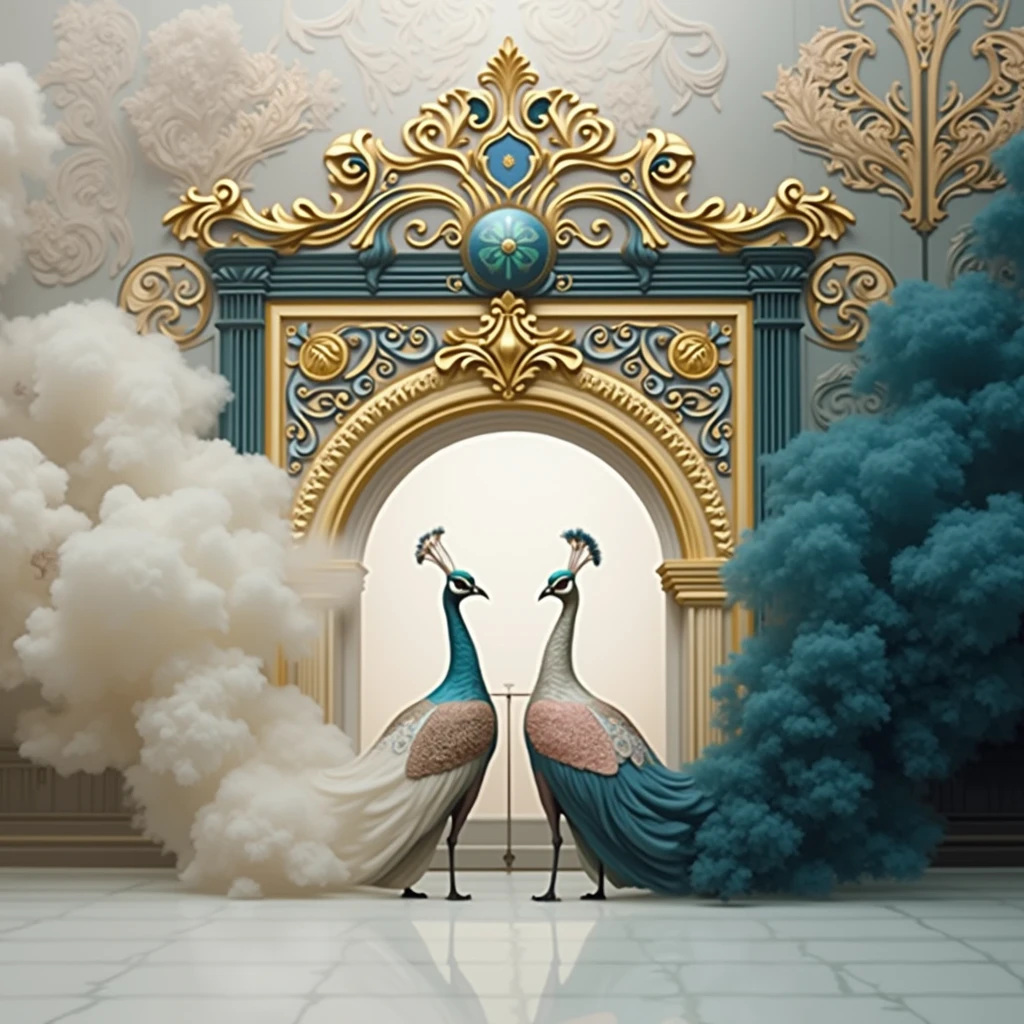 there are two peacocks standing in front of a window with a plant, a matte painting inspired by John Atkinson Grimshaw, shutterstock contest winner, fantastic realism, baroque style painting backdrop, stunning arcanum backdrop, background art deco palace, royal garden background, exquisite matte painting, ornate backdrop, art nouveau jungle environment, elegant digital painting, detailed 3d gothic oil painting
