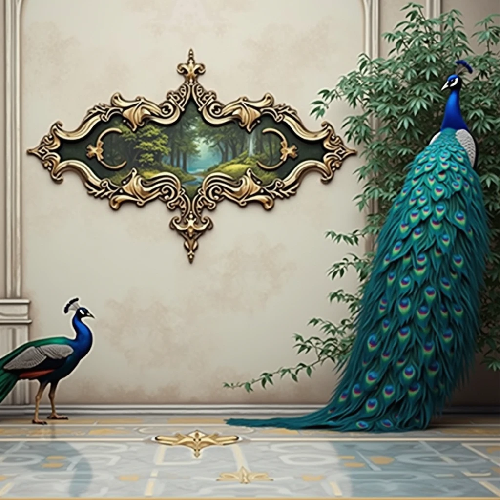 there are two peacocks standing in front of a window with a plant, a matte painting inspired by John Atkinson Grimshaw, shutterstock contest winner, fantastic realism, baroque style painting backdrop, stunning arcanum backdrop, background art deco palace, royal garden background, exquisite matte painting, ornate backdrop, art nouveau jungle environment, elegant digital painting, detailed 3d gothic oil painting
