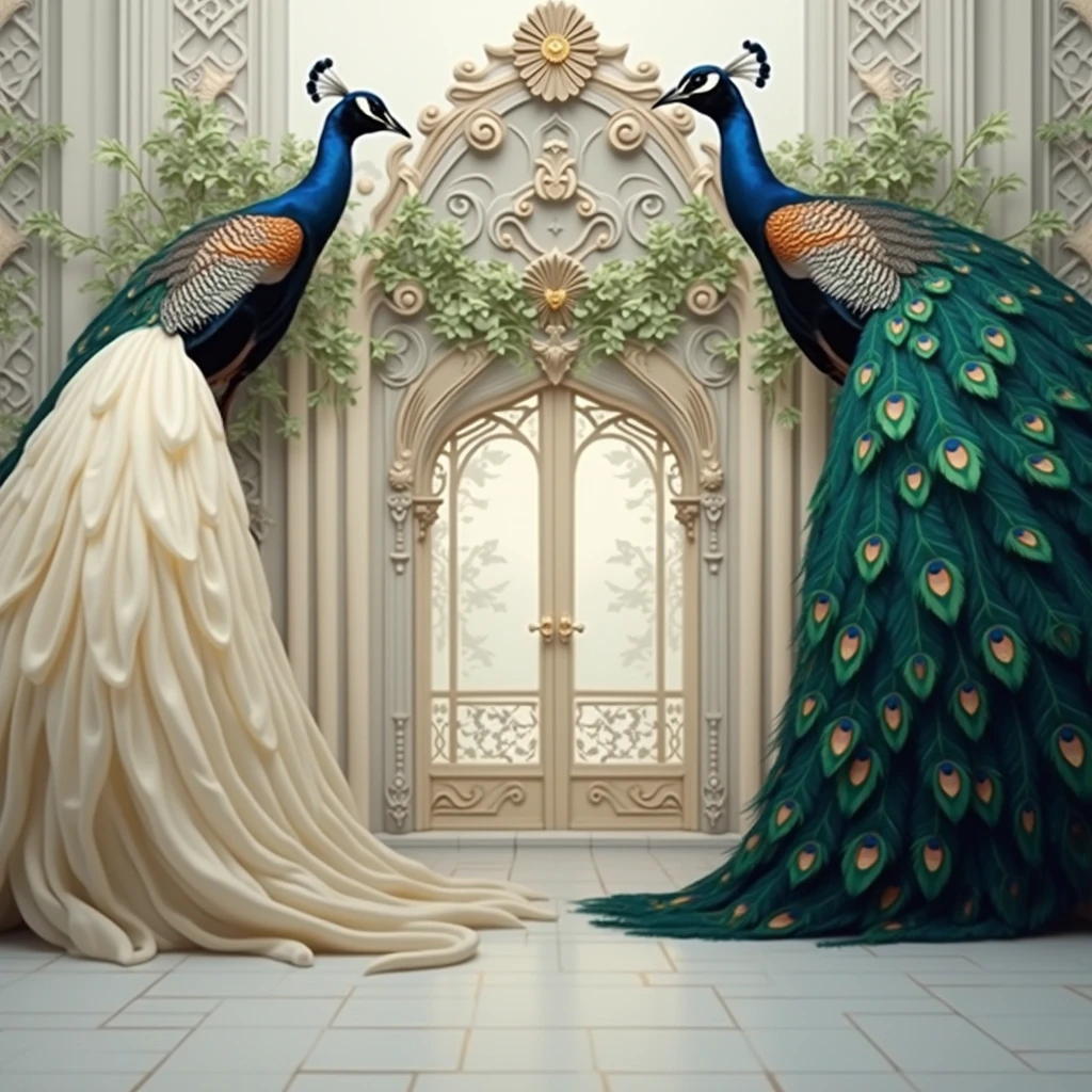 there are two peacocks standing in front of a window with a plant, a matte painting inspired by John Atkinson Grimshaw, shutterstock contest winner, fantastic realism, baroque style painting backdrop, stunning arcanum backdrop, background art deco palace, royal garden background, exquisite matte painting, ornate backdrop, art nouveau jungle environment, elegant digital painting, detailed 3d gothic oil painting