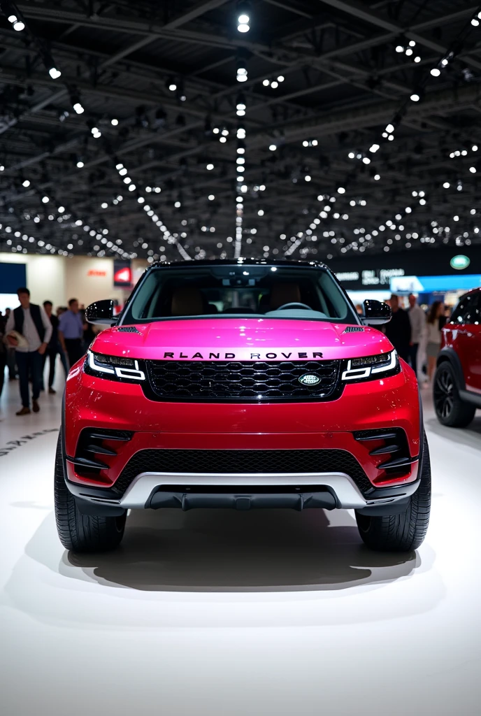 Create an image of the Land Rover Importway car red and pink together being displayed at a car show