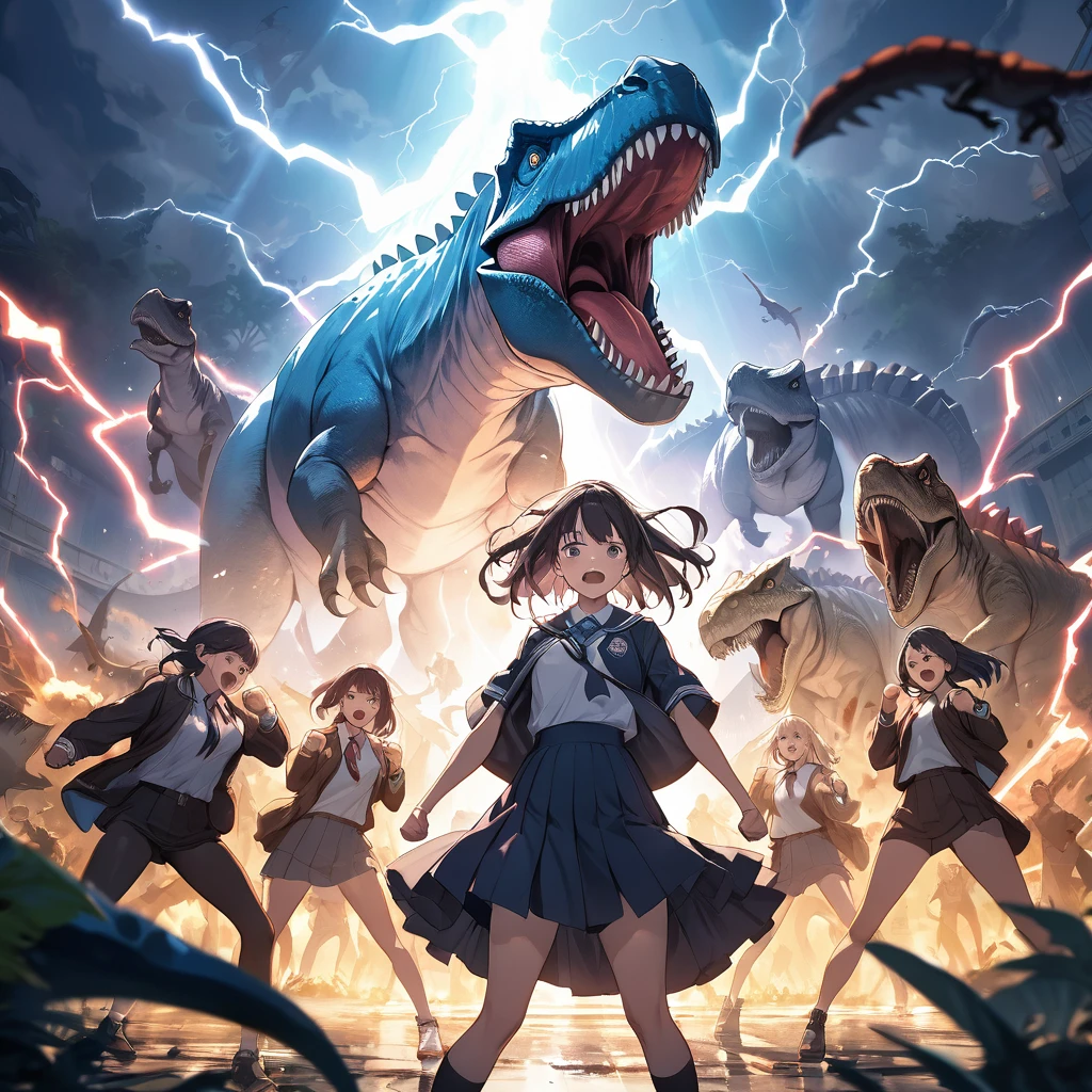 masterpiece、Bold, anime-style illustration、Dense painting、Humorous and crazy。1 high school girl、Cinematic lighting、「Awakening」A transformative and inspiring theme、Clench your fists、A high school girl standing up strong、Energetic face。The background is an image of dinosaurs and wild animals.、lightning。