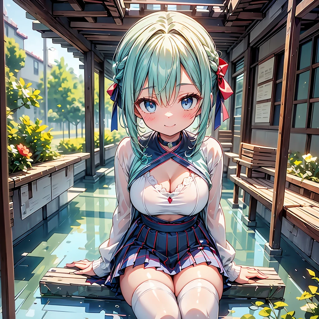 Perfect Anatomy、Perfect human body、Anime Style、(((Highest quality、最高masterpiece、Official Art、Award-winning works、超detailed、Fine hair lines)))、Dynamic composition、Mechanic、Machine Body、超detailed、masterpiece、Highest quality、beautiful、detailed、solo、A soft smile、A light smile、One Girl、blue eyes、Milky white and red gradient long hair、French Braid、bangs、Mid-chest、Hair Ribbon、frilled choker、Cross halter、Unique clothing、Wide sleeves、pantyhose、Patterned legwear、Knee-high boots、