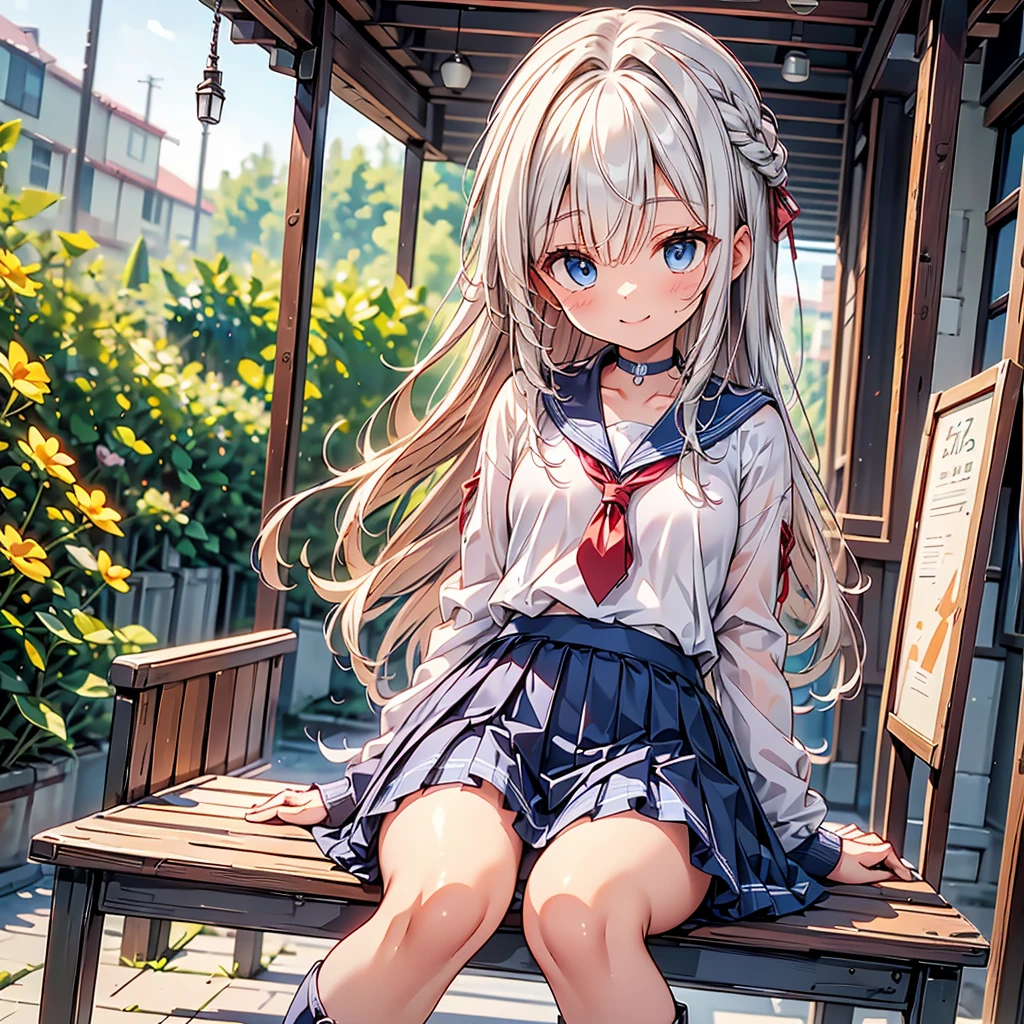 Perfect Anatomy、Perfect human body、Anime Style、(((Highest quality、最高masterpiece、Official Art、Award-winning works、超detailed、Fine hair lines)))、Dynamic composition、Mechanic、Machine Body、超detailed、masterpiece、Highest quality、beautiful、detailed、solo、A soft smile、A light smile、One Girl、blue eyes、Milky white and red gradient long hair、French Braid、bangs、Mid-chest、Hair Ribbon、frilled choker、Cross halter、Unique clothing、Wide sleeves、pantyhose、Patterned legwear、Knee-high boots、