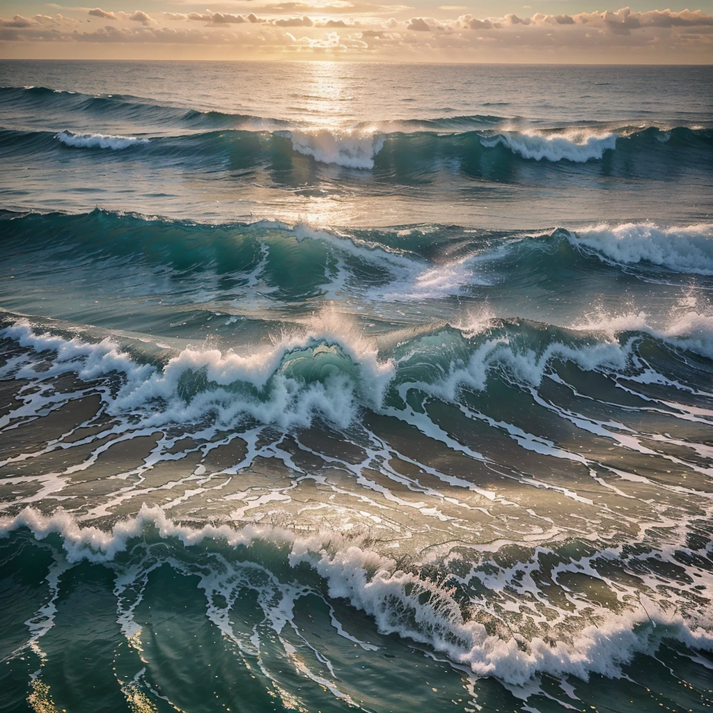 A breathtaking aerial perspective of the ocean's waves, as if captured by a drone during golden hour. The image features vibrant shades of turquoise and deep azure, creating a mesmerizing contrast against the foamy white crests of the waves. Sunlight dances on the clear water surface, reflecting shimmering flecks of light like diamonds scattered across a canvas. The intricate texture of the sea surface unfolds in a harmonious blend of colors, evoking a feeling of tranquility and adventure. Incorporate influences of impressionist painting, mimicking the brushstrokes of Monet, to enhance the dreamlike quality of the scene.