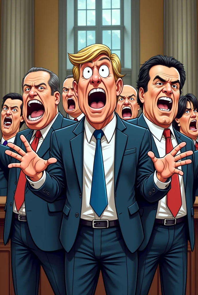 A Japanese shonen style caricature of French MPs saying NO not happy
