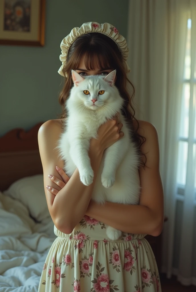 A woman holding a white cat in hand standing in her bed room not showing face wearing a head kerchief wearing a floral dress hiding her face behind the cat