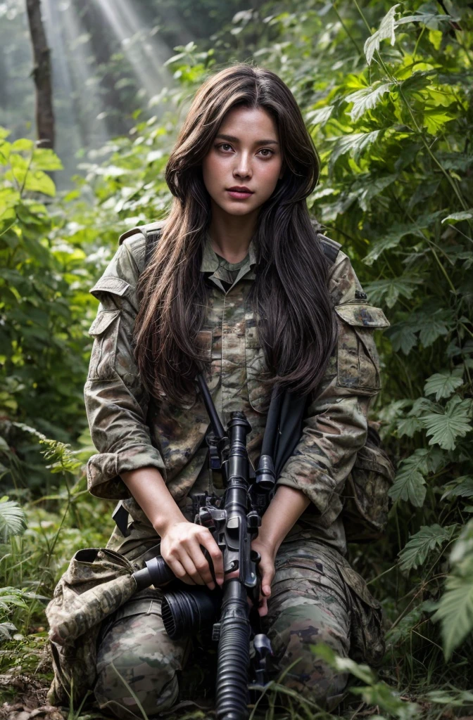4K image of female sniper hiding in leaves., Wear a ghillie suit., Wear a sniper style camouflage uniform. ,Dark color, Masterpiece, Soft lighting and atmosphere, (god rays)