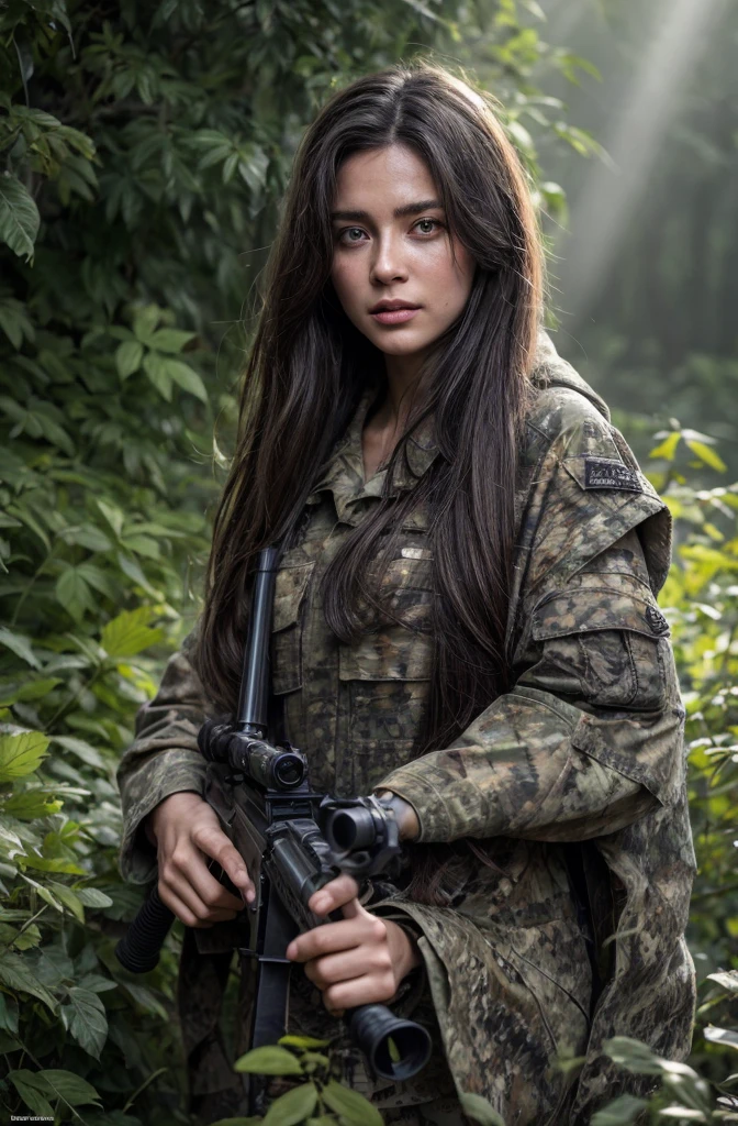 4K image of female sniper hiding in leaves., Wear a ghillie suit., Wear a sniper style camouflage uniform. ,Dark color, Masterpiece, Soft lighting and atmosphere, (god rays)