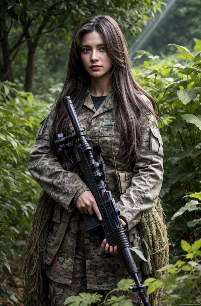 4K image of female sniper hiding in leaves., Wear a ghillie suit., Wear a sniper style camouflage uniform. ,Dark color, Masterpiece, Soft lighting and atmosphere, (god rays)