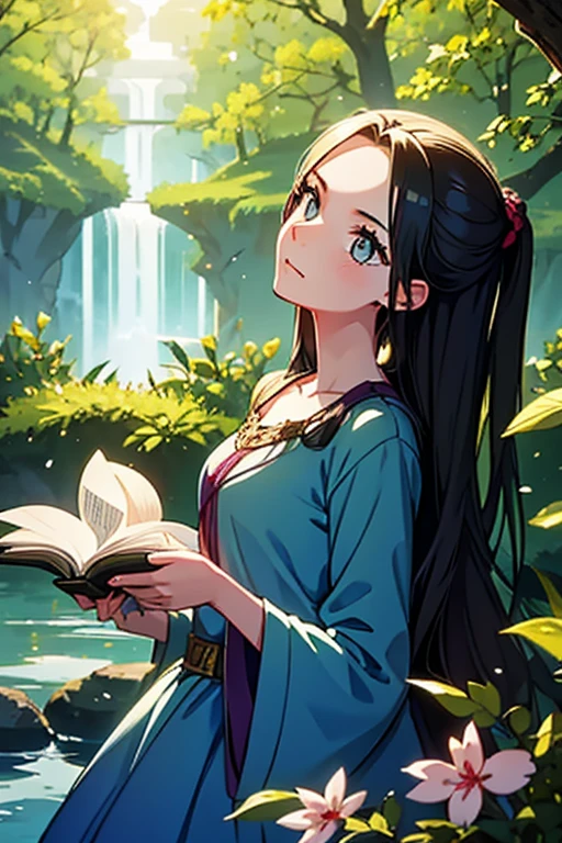 A young girl is standing against the background of nature. Her black hair with purple strands creates a mysterious image, and her green eyes sparkle with a bright light. An 1 girl is enthusiastically reading a book, leaning against a tree trunk. Her attention is completely absorbed by literature, and the nature surrounding her creates an atmosphere of peace and tranquility. The girl's gaze is fixed on the pages of the book, reflecting her passion and love of reading. This image takes us into a world of fantasy and solitude, where every line of the book comes to life and brings new discoveries and impressions.