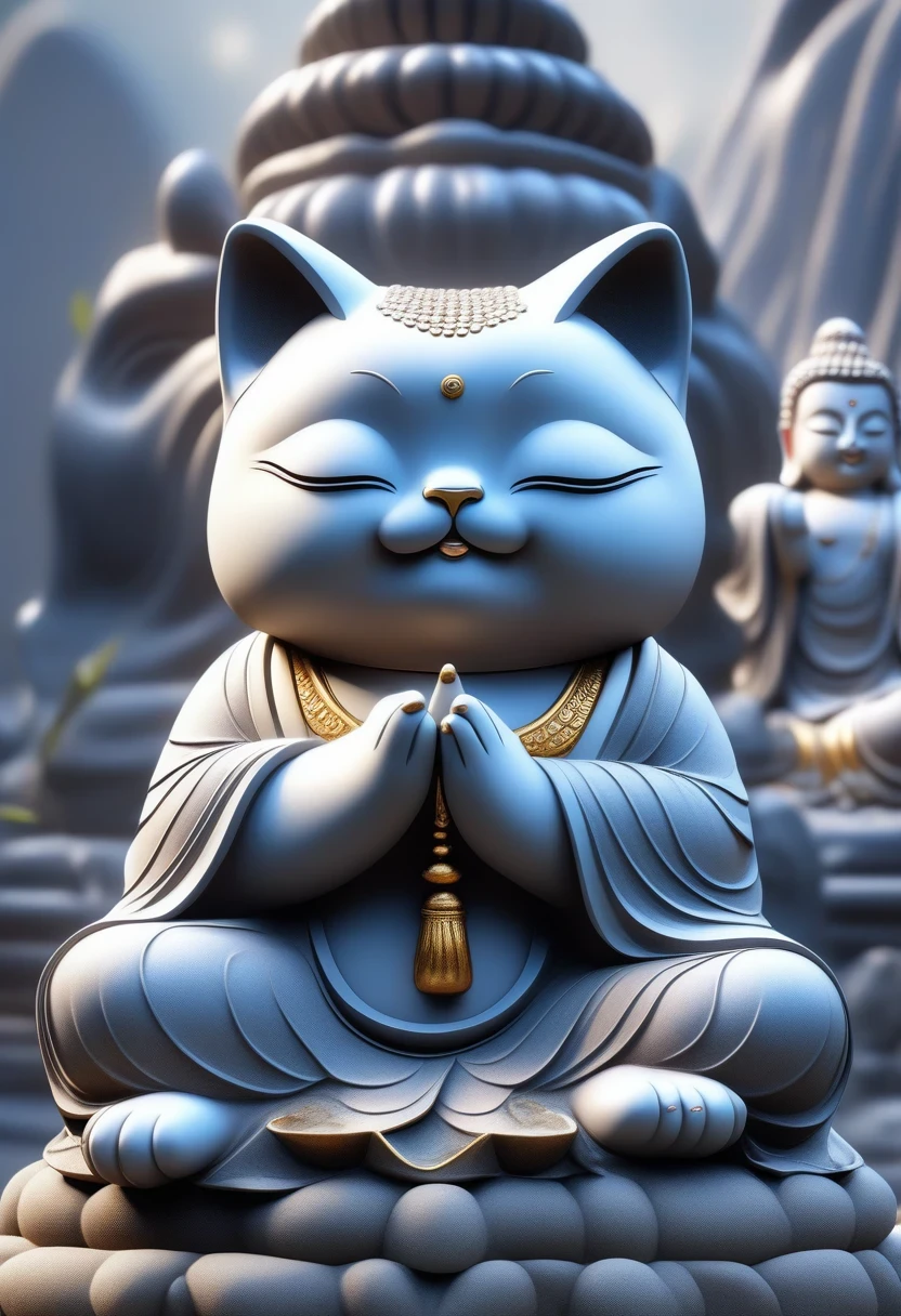 ((Masterpiece)), ((Best Quality)), (Very Detailed), ((Very Detailed)), 4K, (8K), very aesthetic, absurdres highres, Buddha Cat, Zen Buddha meditating cat, stone statue,