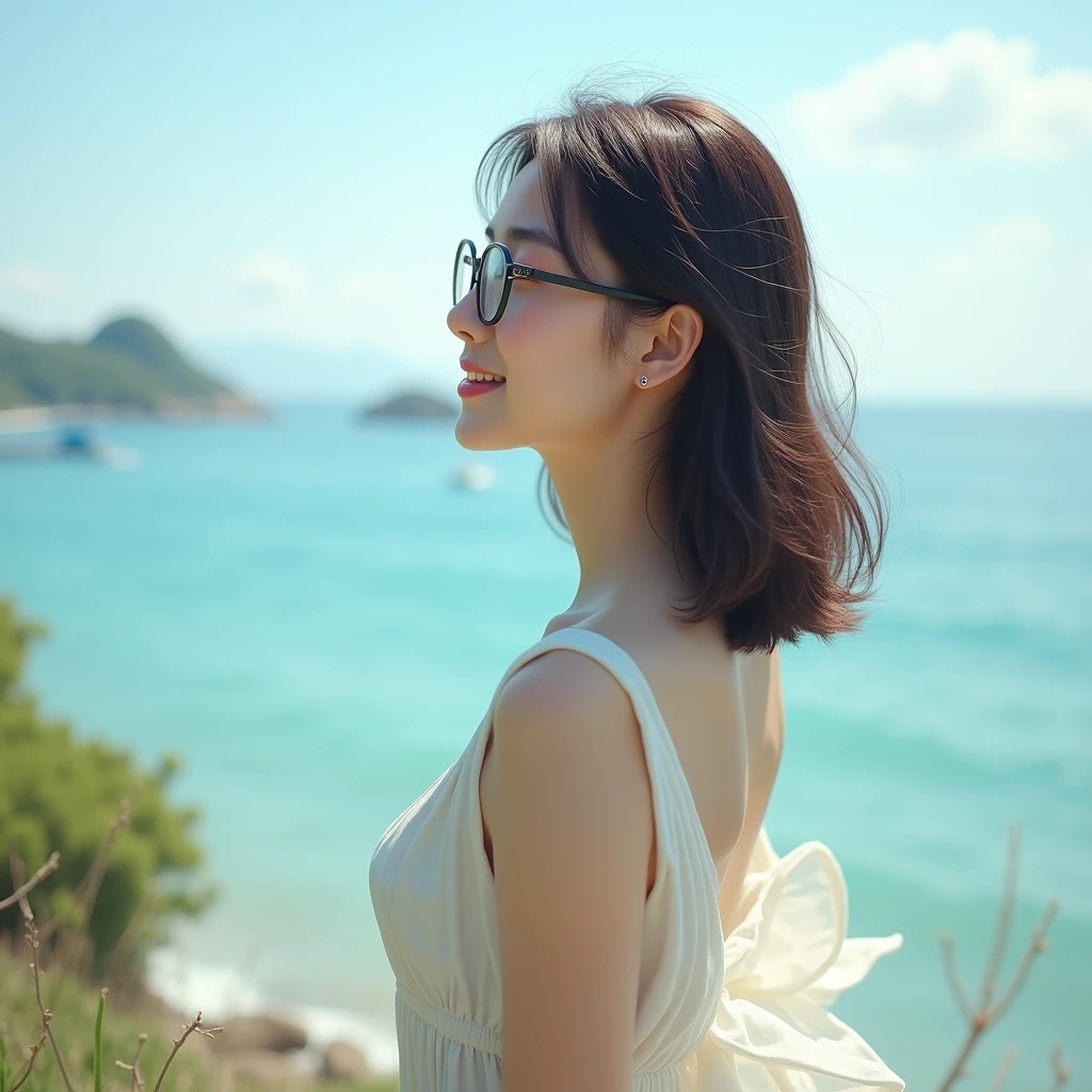 The background is the sea、Wearing a dress、Natural atmosphere、Round glasses、woman、Hair is medium、Smiling in profile