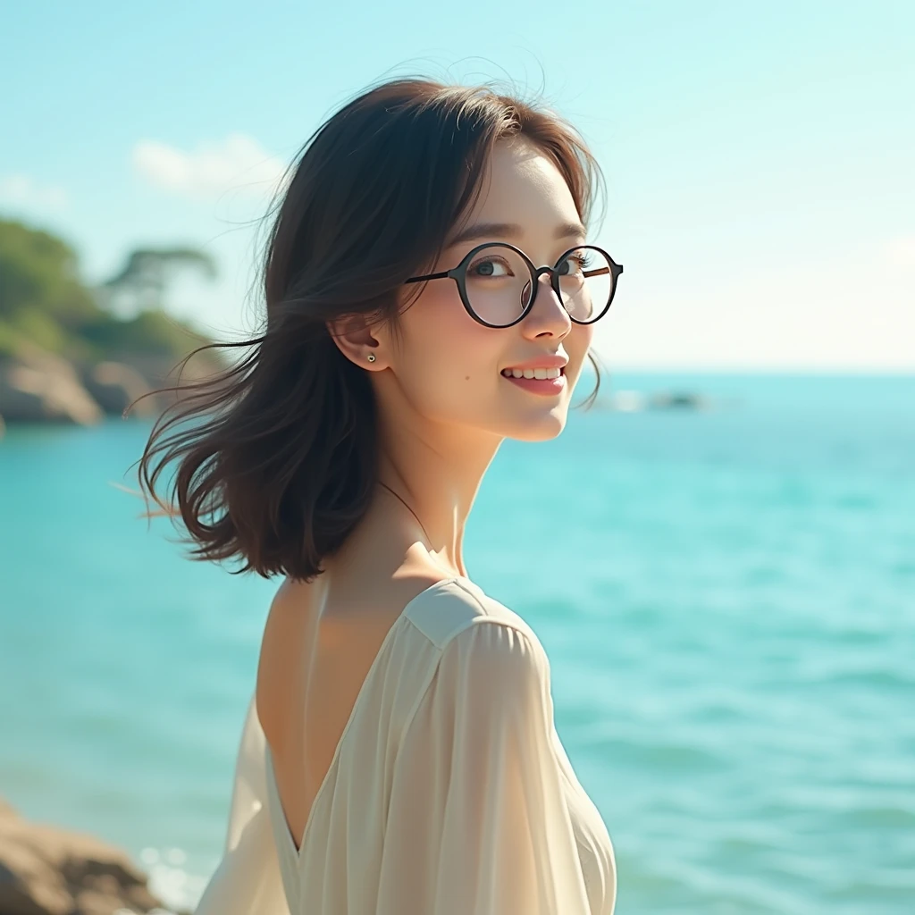 The background is the sea、Wearing a dress、Natural atmosphere、Round glasses、woman、Hair is medium、Smiling in profile