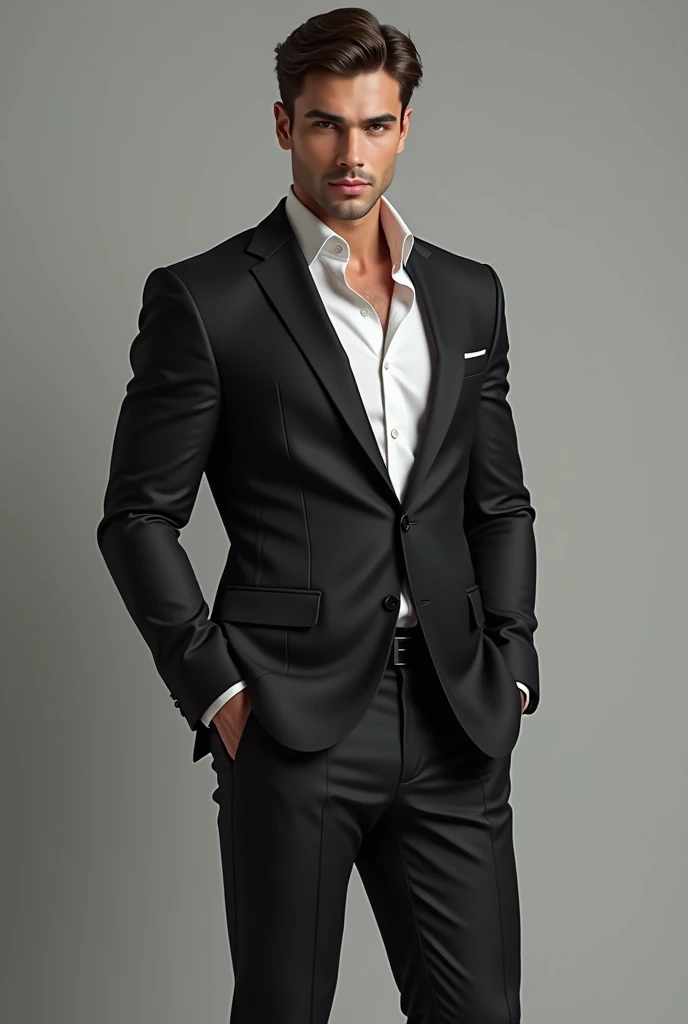 A full-body image of a strikingly handsome young man with a strong jawline and intense, confident expression. He has a well-defined physique and is dressed in a fitted, stylish outfit that accentuates his features. His face shows a mix of charm and allure, with expressive eyes and a subtle, engaging smile. The background is simple and neutral to keep the focus on his compelling appearance and confident posture