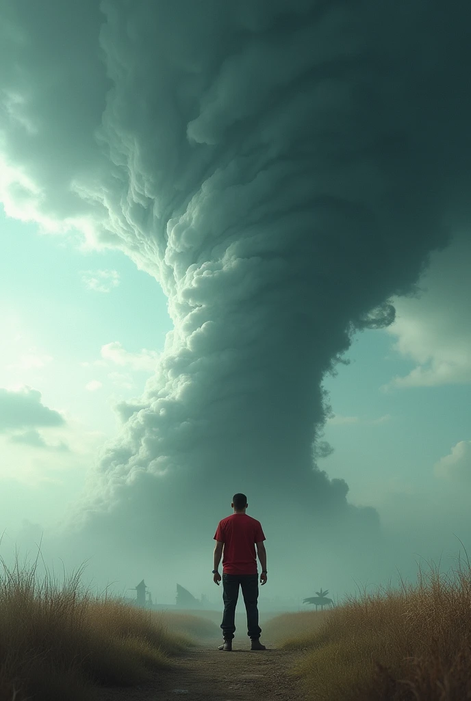 8k, super detailed, hdr, high definitition, 1 mega tornado,  god's wrath, blade vortex tornado, tornado with metal cutting blades around the catastrophic event, the man in the photo is wearing a red shirt, black pants and is standing in a fearless position walking to the front of the camera