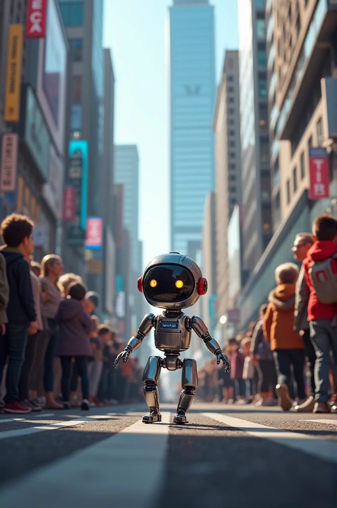 Spark escapes the laboratory and wanders into a bustling city street. People stare in amazement at the tiny robot.