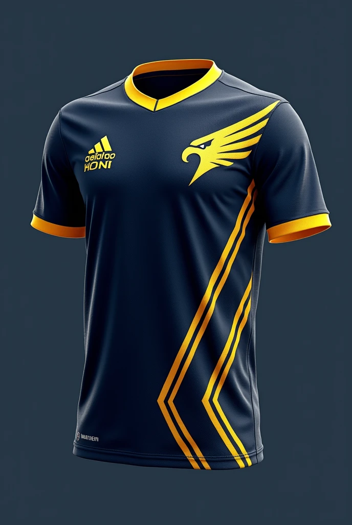 Create an Atlanta City Sports Jersey with dark blue and yellow colors and details, and with a geometric eagle in the corner of it detailed but not too extravagant