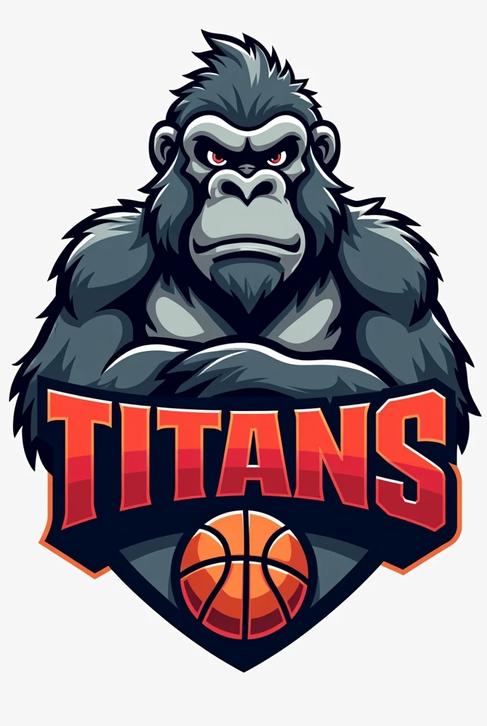 Basketball team logo inspired by the NBA, a gray-furred gorilla in the background with a cartoon appearance and writing "Titans" in red and white outline around the writing