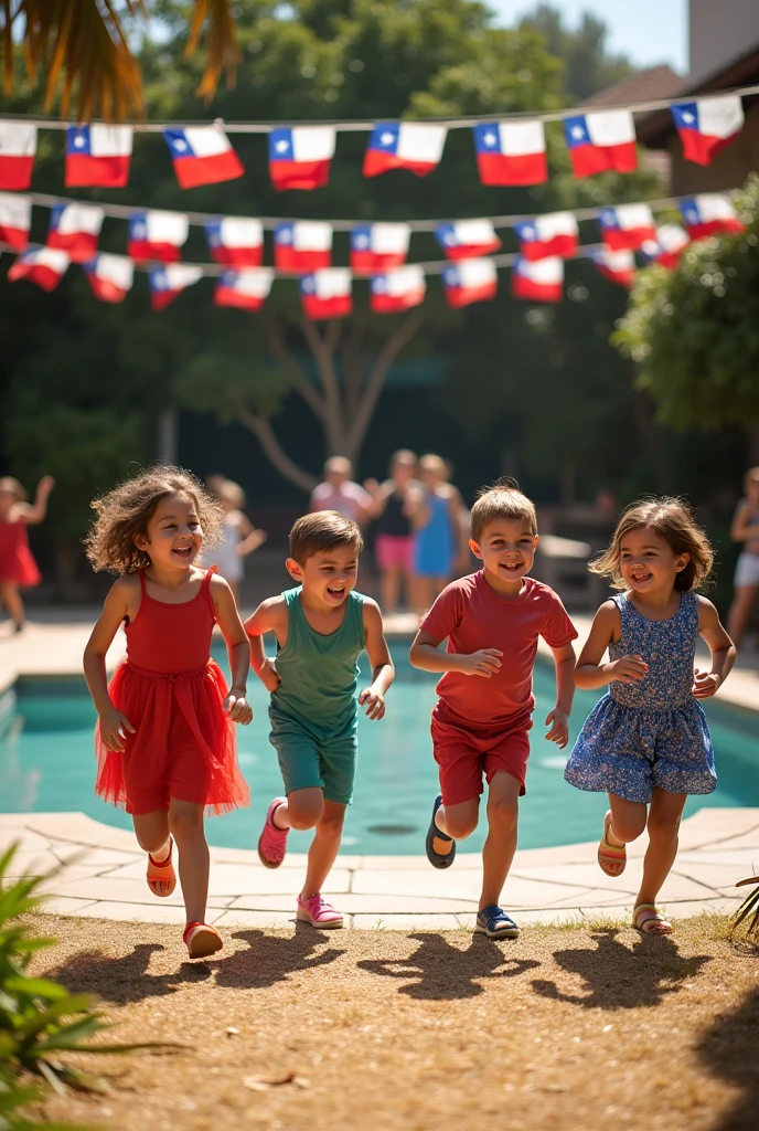 Image of boys and girls playing in the courtyard during Chilean national holidays , around a pool with dry grass in the year 2024, with decoration of Chilean flags in the form of garlands