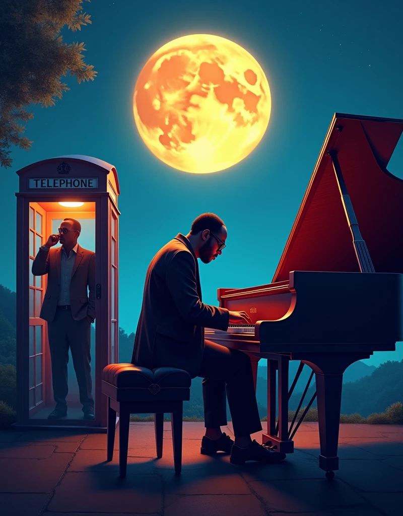 A captivating 8K digital painting of Stevie Wonder playing a grand piano under the warm glow of a full moon. The moonlightilluminates Stevie's profile and casts a soft glow on his face. The grand piano has a faint color inside. Stevie's silhouette blends perfectly with the serene background. On the left, a man inside a telephone booth speaks on the phone. On the right, a beautiful woman speaks on the phone. The emotional depth of the image is accentuated by the vibrant colors and the contrast between Stevie's illuminated profile and the moonlight. The overall feel of the painting is modern and vibrant, with a sense of mystical charm.