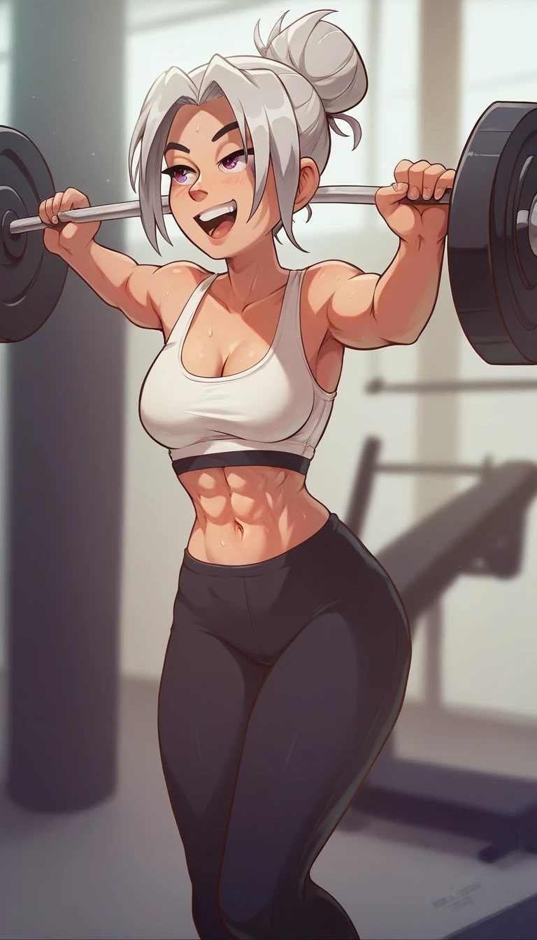 A dynamic image of a young woman in a gym environment. She has an athletic body and an expression of determination.. She is dressed in stylish workout clothes, including a fitted tank top and leggings, and is in the middle of a weightlifting exercise, showing her strength. Her hair is tied in a high bun, and beads of sweat shine on his forehead. The gym environment around her is modern, with various fitness equipment visible in the background. The image must be viewed from the back, with a light smile, Depth of field, cinematic lighting, high resolution, best qualityer, super details, and masterpiece style., light smile, silver hair, moaning, depth of field, cinematic lighting, highres, best quality, super detail, masterpiece