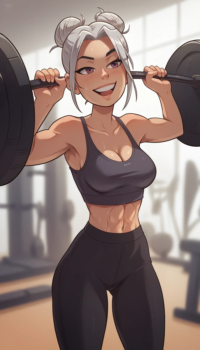 A dynamic image of a young woman in a gym environment. She has an athletic body and an expression of determination.. She is dressed in stylish workout clothes, including a fitted tank top and leggings, and is in the middle of a weightlifting exercise, showing her strength. Her hair is tied in a high bun, and beads of sweat shine on his forehead. The gym environment around her is modern, with various fitness equipment visible in the background. The image must be viewed from the back, with a light smile, Depth of field, cinematic lighting, high resolution, best qualityer, super details, and masterpiece style., light smile, silver hair, moaning, depth of field, cinematic lighting, highres, best quality, super detail, masterpiece