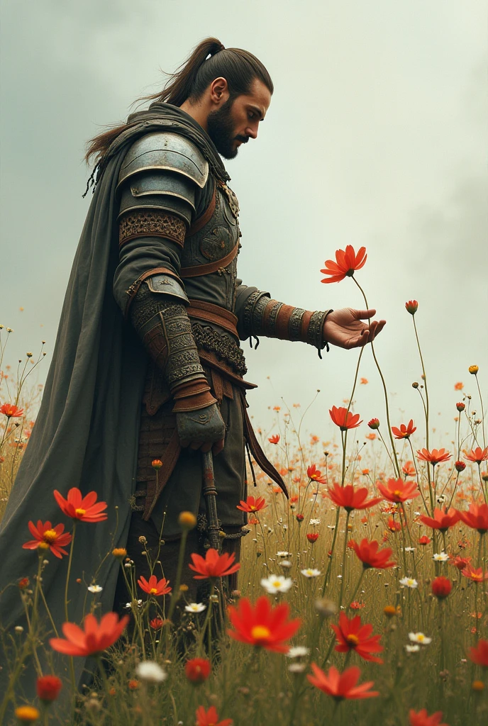 A warrior uprooting a single cosmos flower in the field