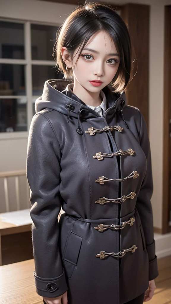 winter,snow scene,lace pantyhose,((duffel coat))、Depth of the bounds written,real light,ray tracing,OC renderer,UE5 renderer,surreal,best quality,8K,works of masters,super fine,correct anatomy、(highest quality, 4k, table top: 1.3), Beautiful woman、surreal, 1 girl,highly detailed face,fine eyes,double eyelid, (beautiful detailed lips),sexy face,women of arafe,2、
