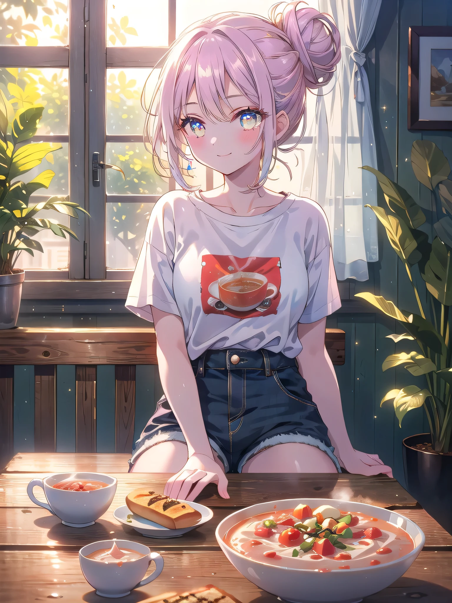 ((8k, Highest quality, masterpiece: 1.3)),Ultra-high resolution,(1 girl, alone), (Color changing eyes, Ultra-detailed, Expressive brilliance, Glitter, Glowing Eyes), Highly detailed eyes, Highly detailed face, Random Hair, ((pastel colour)Simple Dinner on the Balcony
The woman is sitting at a small table on her apartment balcony, enjoying a quiet dinner as the sun sets. She’s dressed in a casual white tank top and light jeans, her hair tied up in a ponytail. On the table is a modest meal consisting of a bowl of pasta and a small side of grilled vegetables. The balcony is decorated with a few potted plants and string lights that begin to twinkle as the light fades. She looks at the camera with a soft, contented expression, her eyes reflecting the warm hues of the sunset. The evening air is cool and refreshing, adding a sense of calm to the moment as she enjoys this simple yet fulfilling meal.