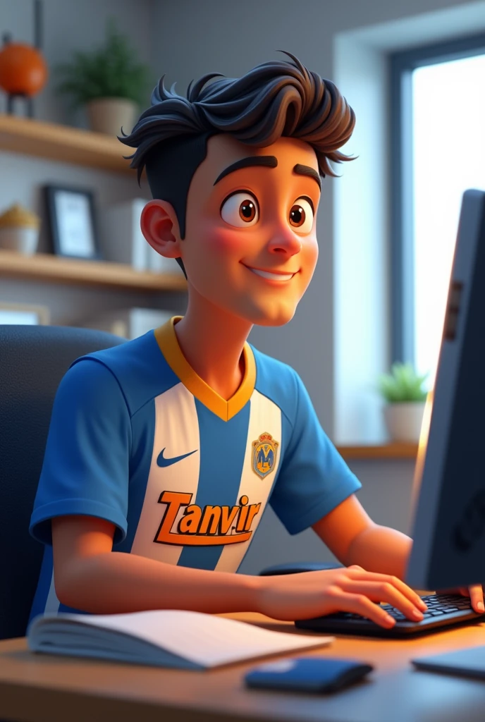 Create animation character 30 year old. He using computer and Jersey name Tanvir.