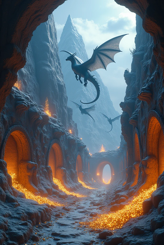 a panoramic view of the ancient kingdom of dragons, snow-capped mountains, deep caves filled with glittering gold and precious gems, cinematic lighting,fantasy,concept art,highly detailed,8k,photorealistic,hyper detailed,dramatic lighting,vibrant colors,intricate details,mystical,magical,epic,breathtaking