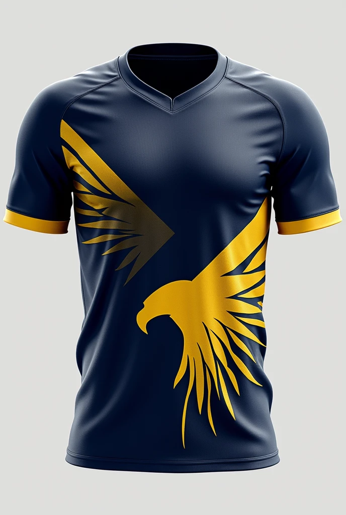 Create an Atlanta City Sports Jersey with dark blue and yellow colors and details, and with a geometric eagle in the lower corner of it, detailed but not too extravagant